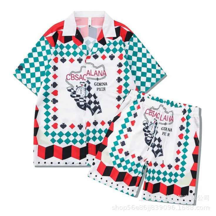 Plaid patterned beach shirt and trouser outfit set for men and women on a mannequin