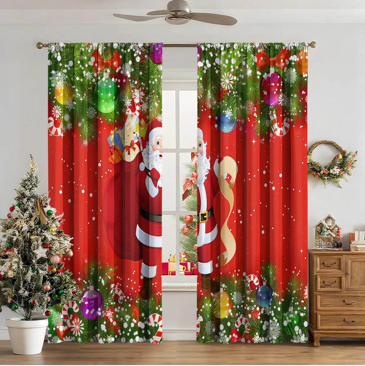 3D digitally printed Christmas curtain with modern simplicity design showing festive imagery