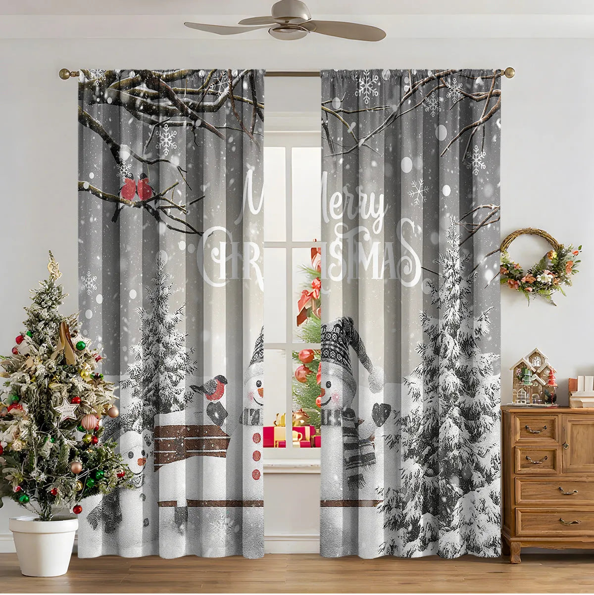 3D digitally printed Christmas curtain with modern simplicity design showing festive imagery