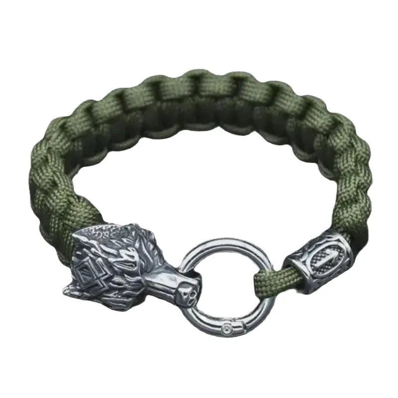 Handmade titanium steel wolf head bracelet in camouflage colour showing polished finish and detailed animal design.
