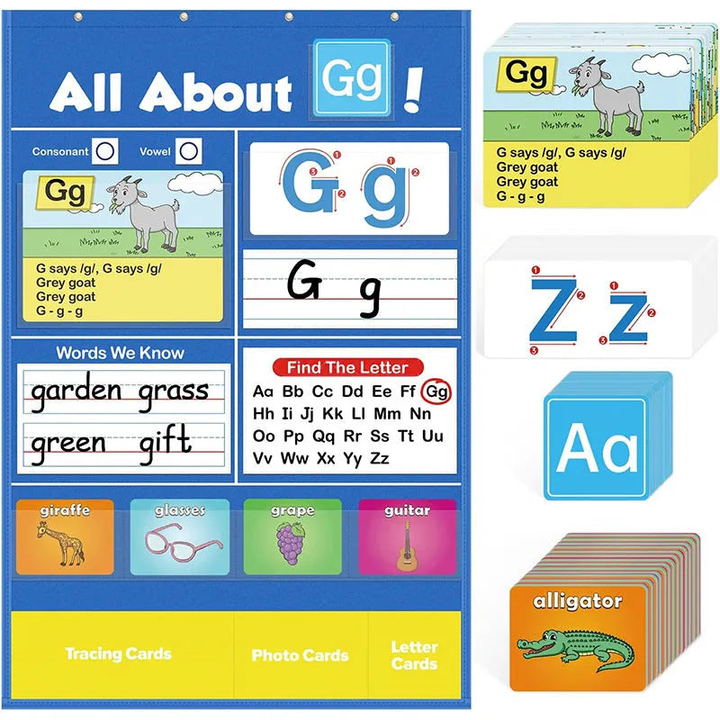Alphabet learning sleeve chart with word cards, letter cards, and picture cards laid out for play.