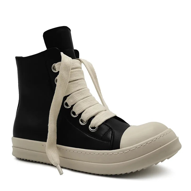 Black genuine leather high-top sneakers with side zipper and round toe on a rubber platform sole.