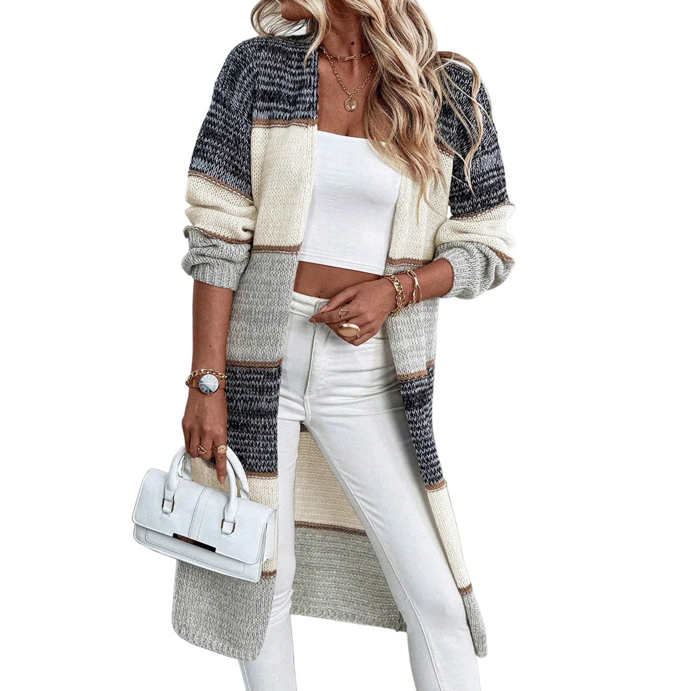 Grey women's knitted long cardigan with striped pattern and loose fit