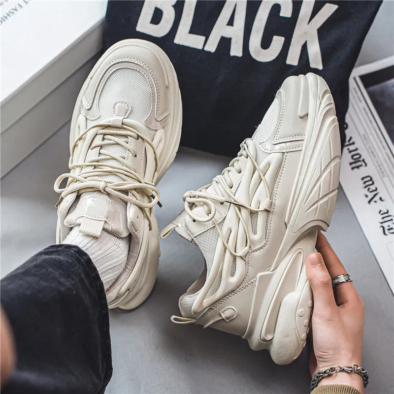 Men's beige mesh sneakers with round toe and lace-up front on rubber sole