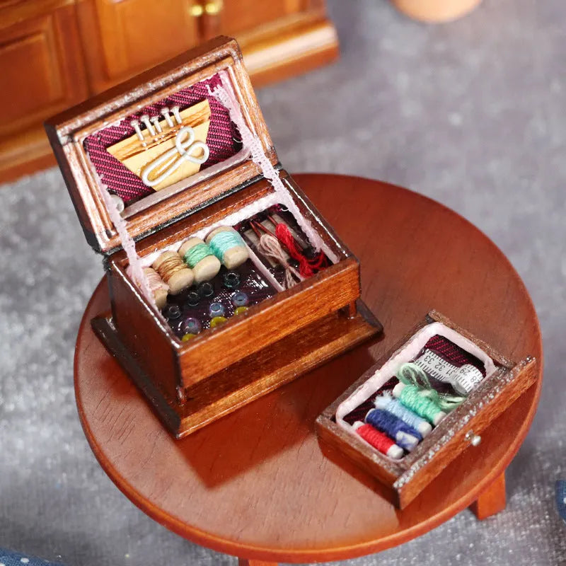 Miniature vintage wooden sewing box ornament with European style design measuring 2.2cm × 3.4cm × 2.3cm
