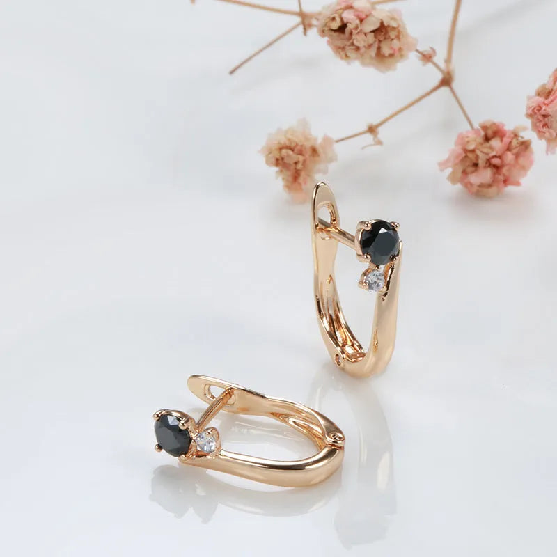 Gold-plated copper black agate earrings with drop-shaped retro geometric design