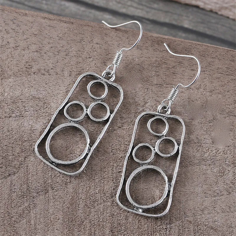 Round ring geometric earrings with irregular square design in antique silver finish