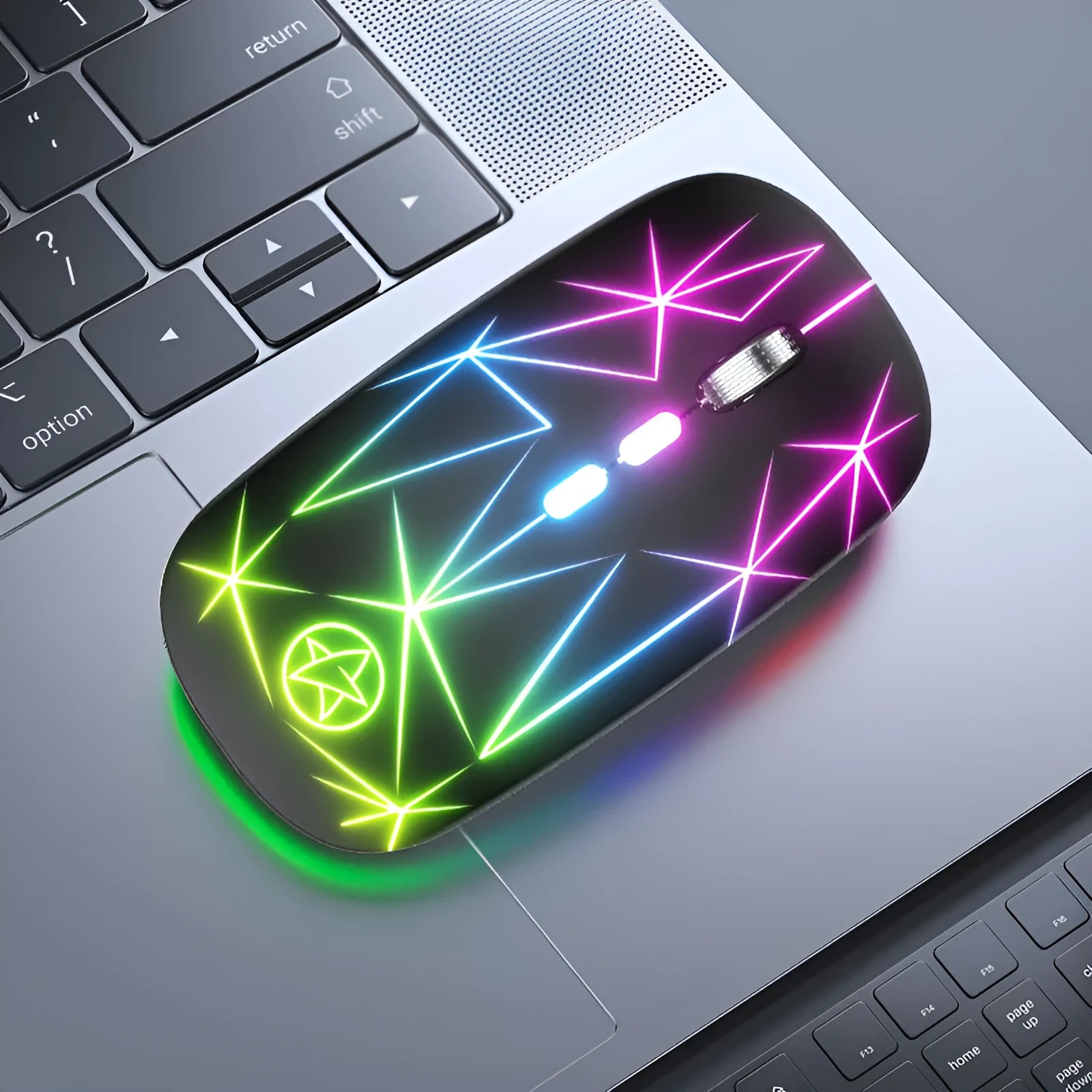 Wireless Bluetooth gaming mouse showing dual-mode connectivity options and metal roller construction