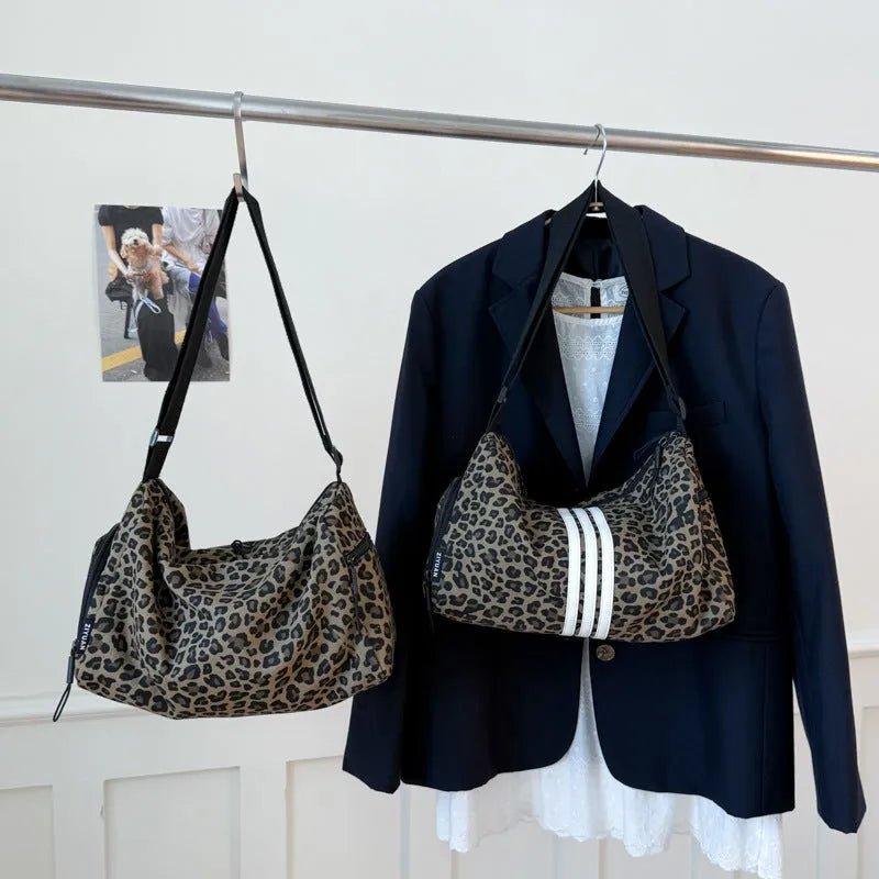 Large capacity leopard print cross-body messenger bag with shoulder strap