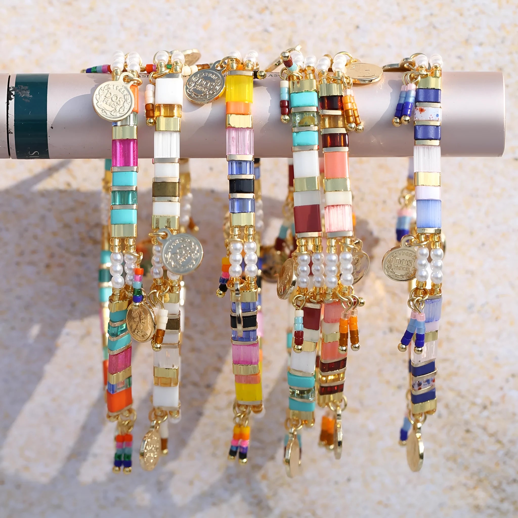 Women's handmade glass coloured beaded bracelet with imitation pearls in European American style.