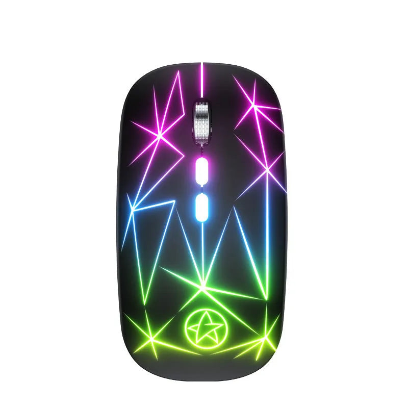 Wireless Bluetooth gaming mouse showing dual-mode connectivity options and metal roller construction