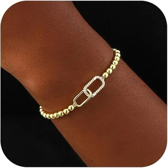 Adjustable stainless steel beaded bracelet for women in a geometric design, shown in one of six colour variations.