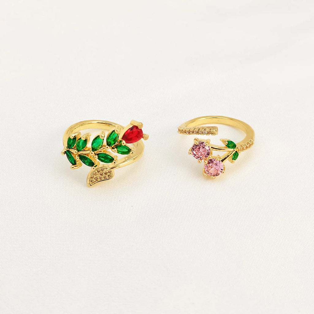Gold-plated copper geometric open ring with zircon leaf design for women