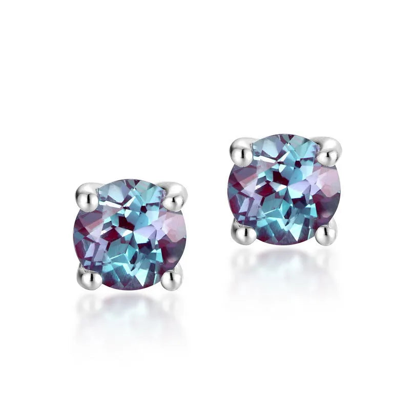 Women's geometric round stud earrings in 925 silver with Alexander Stone centrepiece in cultivated Alexandrite colour