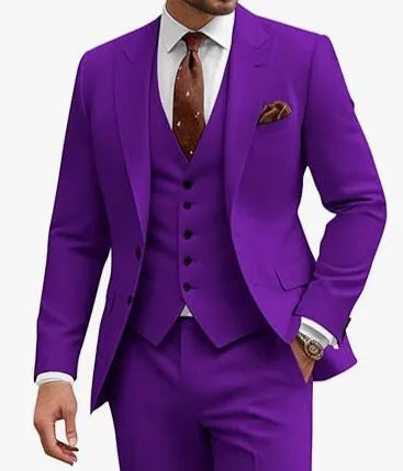 Men's slim fit three-piece suit in a bright red colour, featuring a jacket, waistcoat, and trousers.