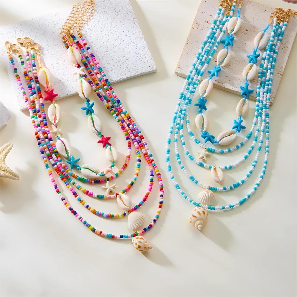 Women's multi-layer starfish shell bead necklace set with adjustable chain