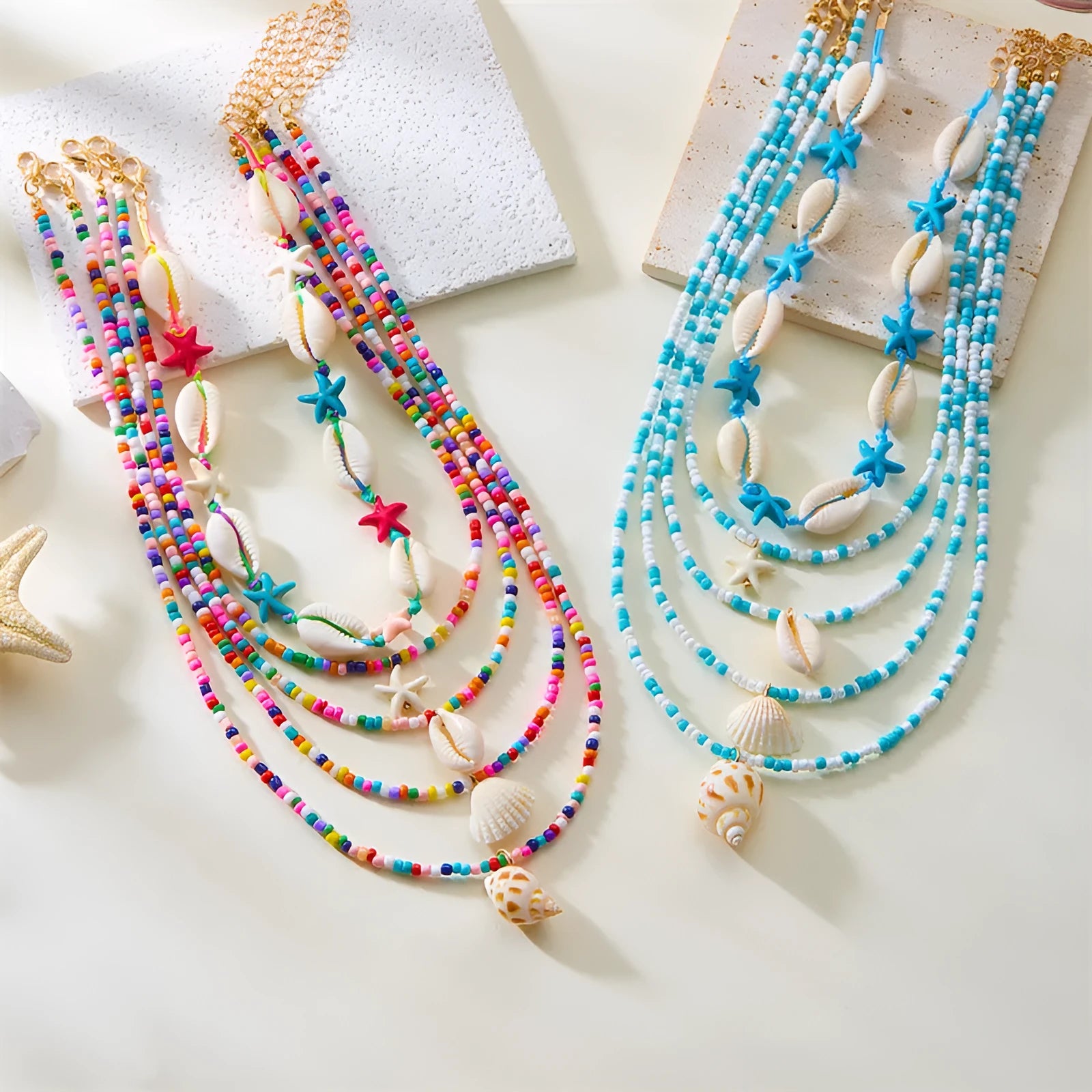 Women's multi-layer starfish shell bead necklace set with adjustable chain
