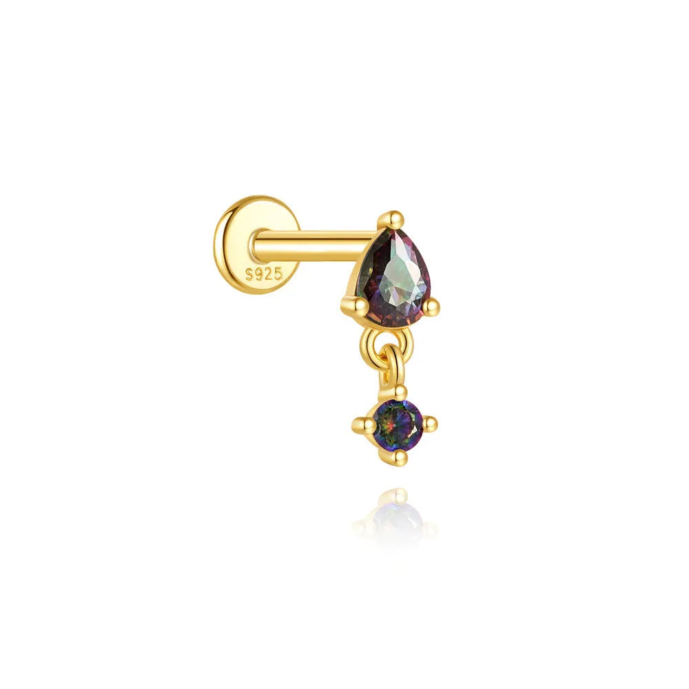 S925 sterling silver piercing earrings with super shiny rainbow stone and flat head thread in gold colour