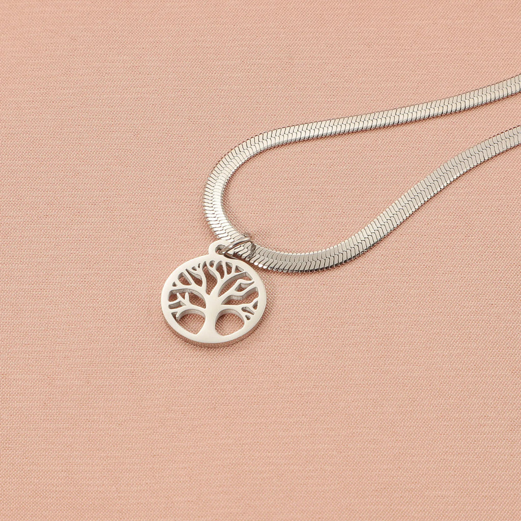 Stainless steel lucky tree necklace with U-shaped pendant on an adjustable snake bone chain.