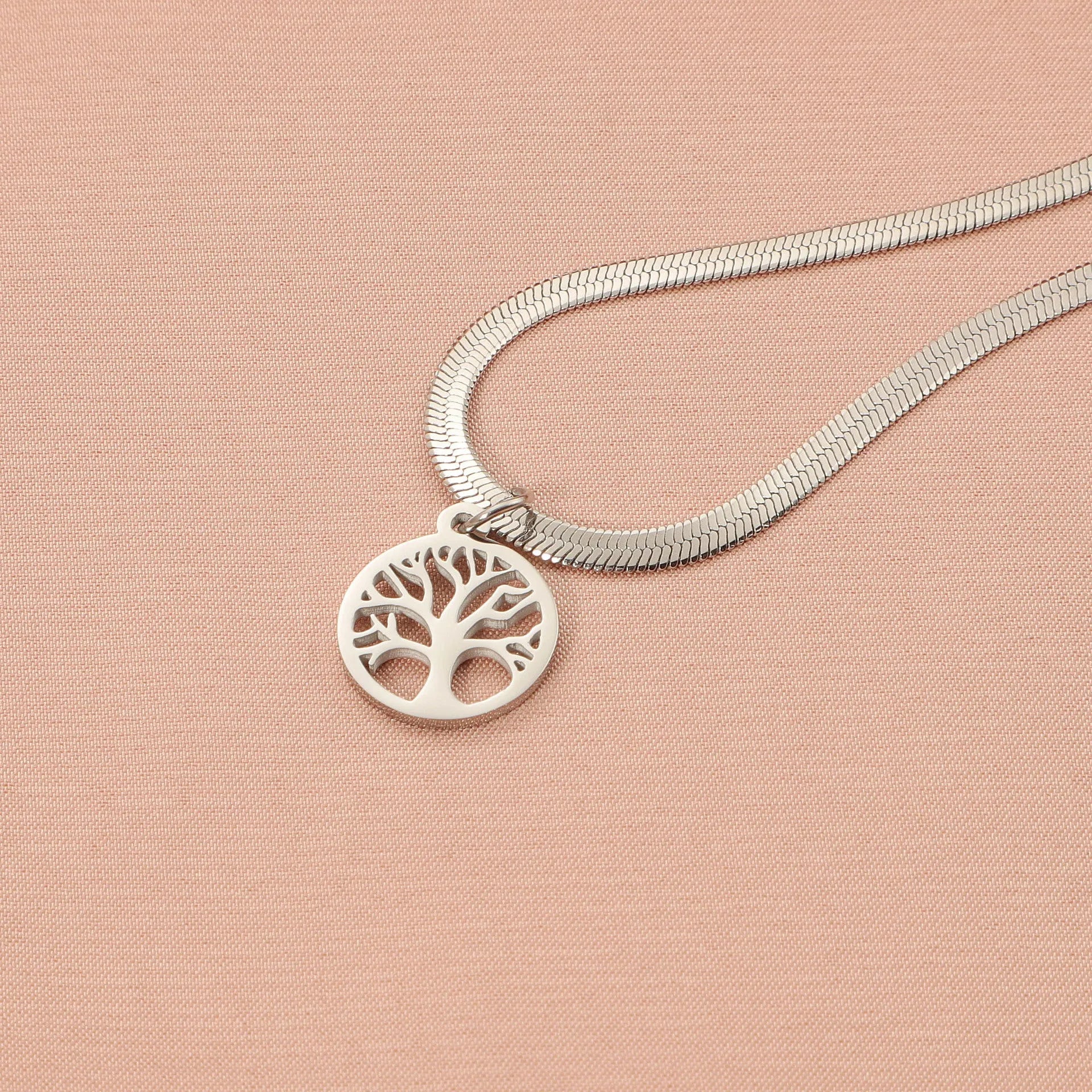Stainless steel lucky tree necklace with U-shaped pendant on an adjustable snake bone chain.
