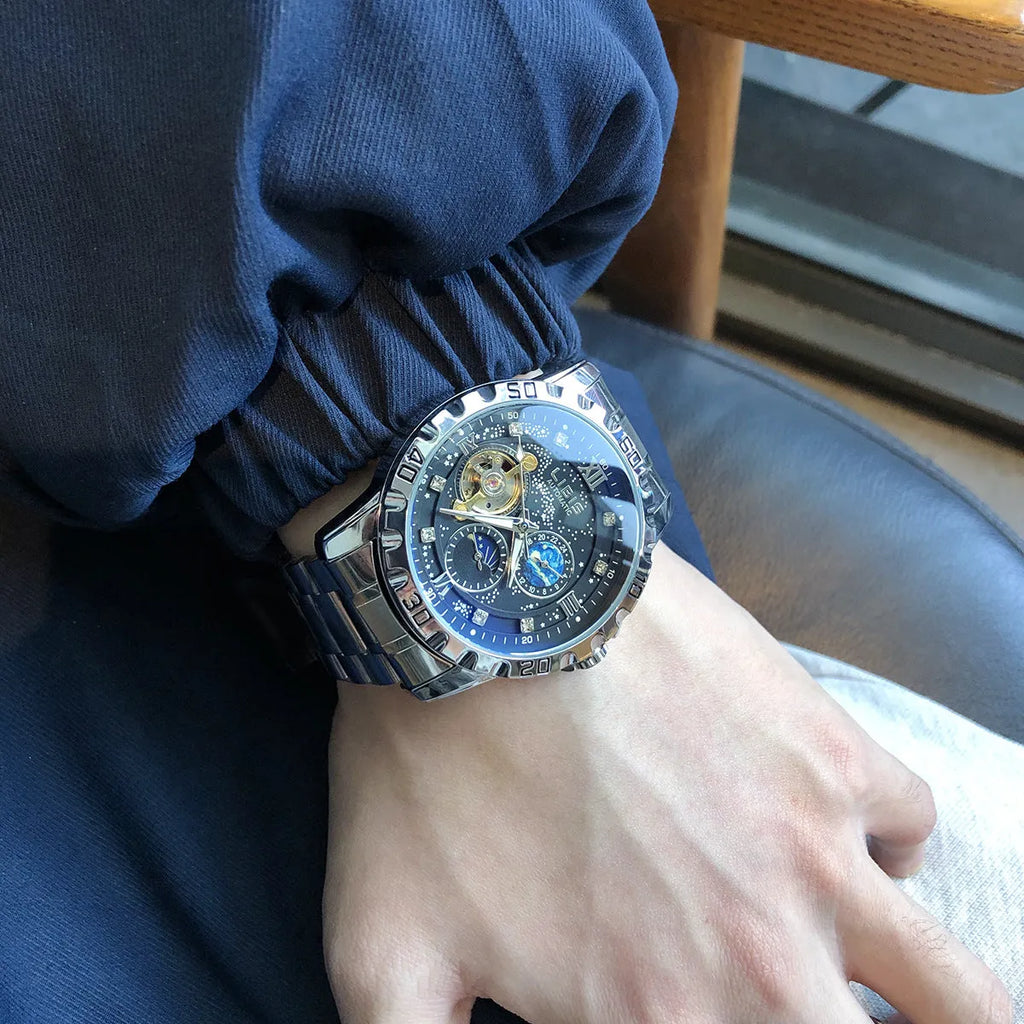 Men's silver case automatic mechanical watch with black starry sky dial and genuine leather strap