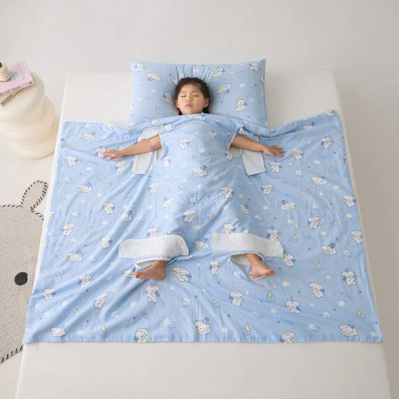 Anti-kick sleeping bag blanket in a summer design on a bed, showing its lightweight texture.