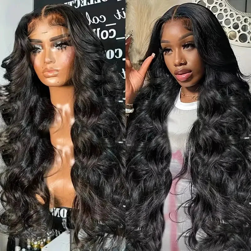 A black ladies' wig with big wave styling on a lace base, showing its long synthetic fibres.