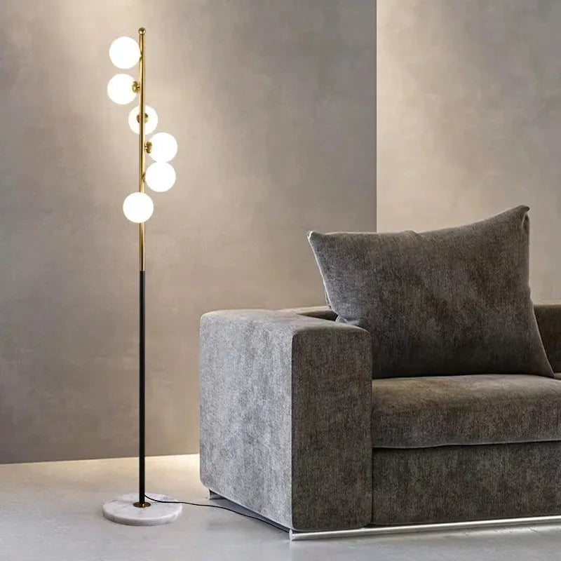 Modern minimalist floor lamp with wrought iron frame and glass elements, 154cm tall with adjustable lighting modes