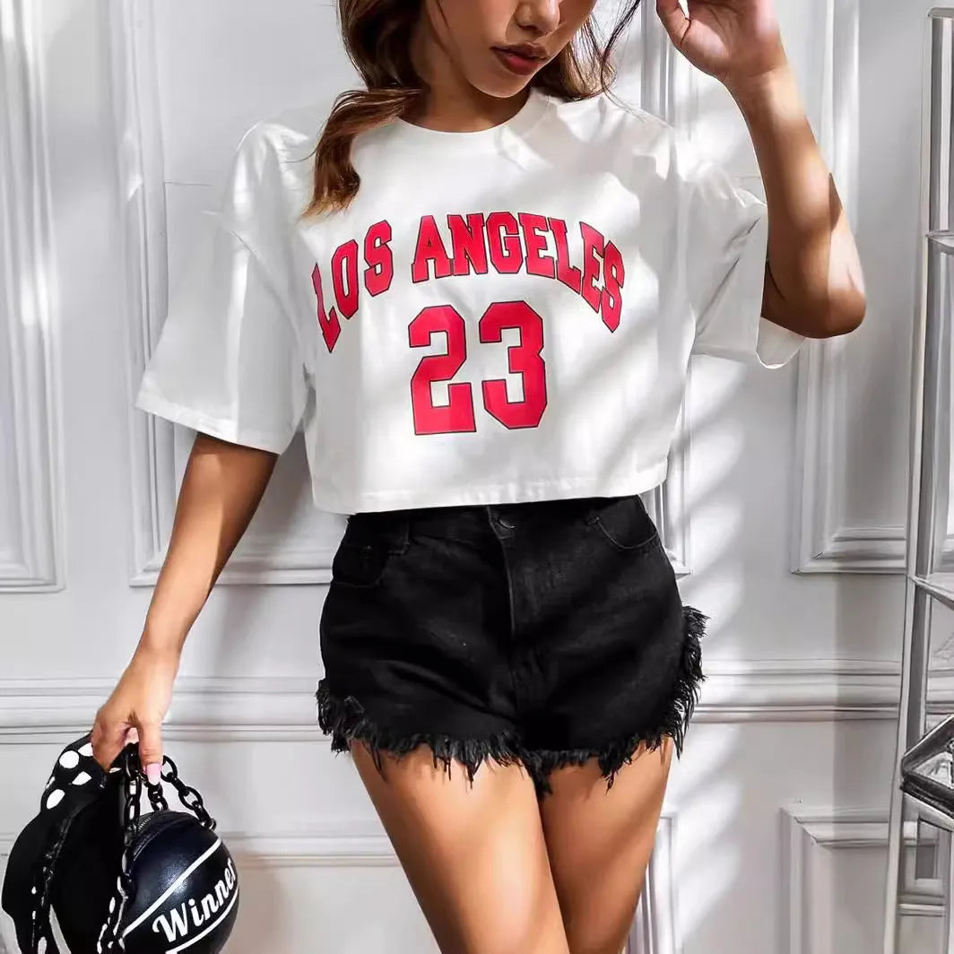 Women's personalised cotton T-shirt with English letters and navel-exposing summer design in black or white
