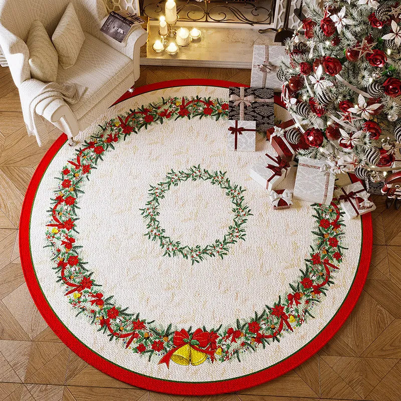 Round red Christmas carpet with festive pattern on wooden floor