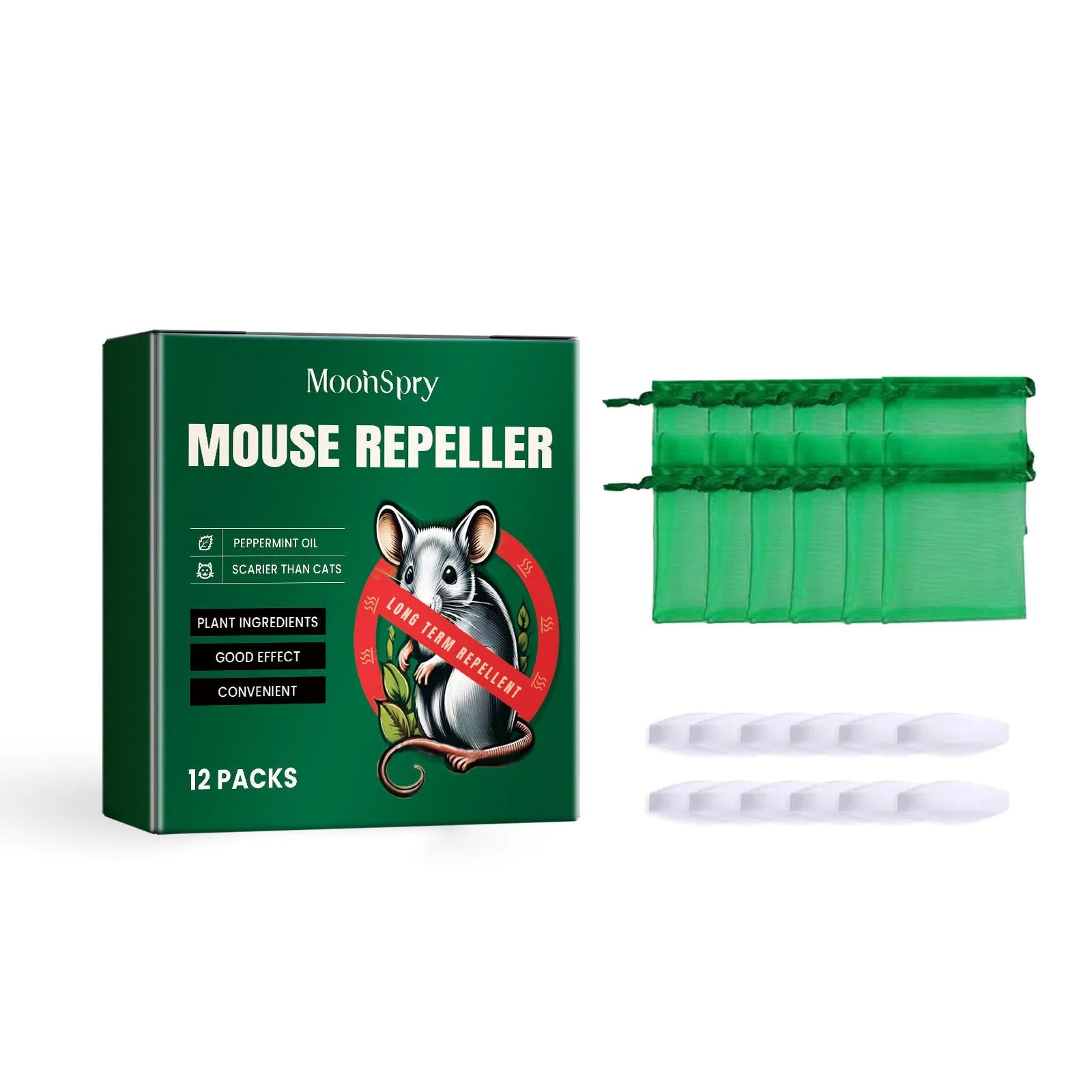60ml bottle of natural rat repellent spray with essential oils of clove, peppermint, camphor, and chili.