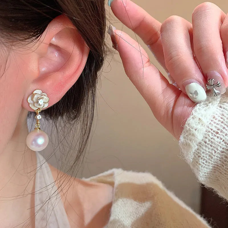 Camellia pearl flower stud earrings for women in alloy metal with floral design