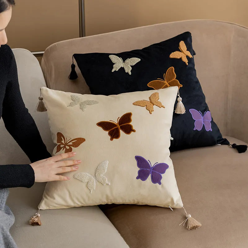 Butterfly embroidered Chinese style cushion in beige black purple colours measuring 45x45cm
