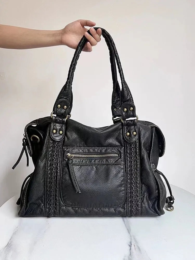 Brown retro women's messenger bag with woven PU leather and single shoulder strap