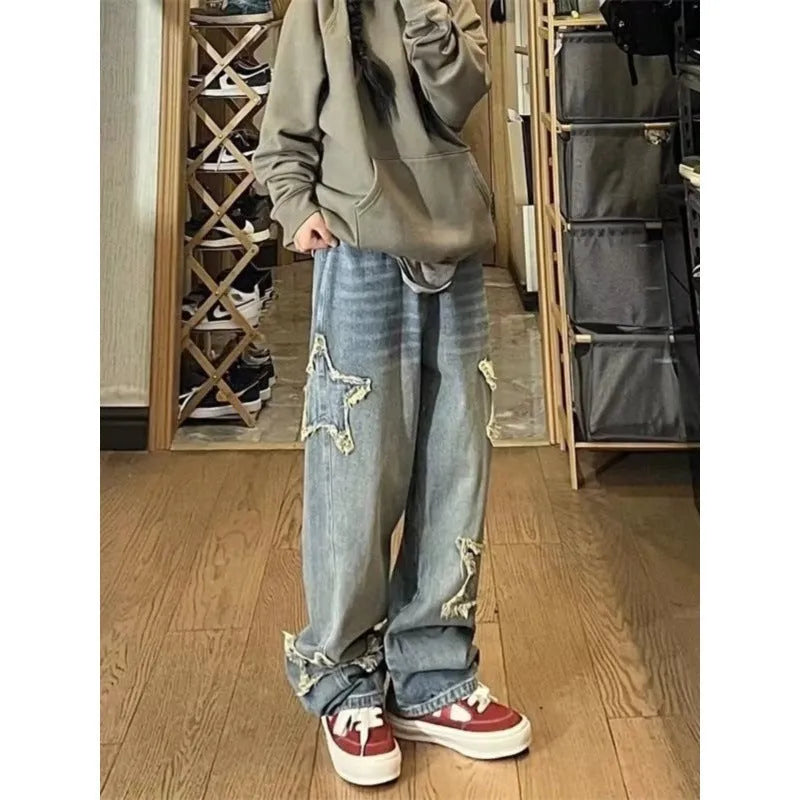 Blue straight-leg women's jeans with high waist design on hanger