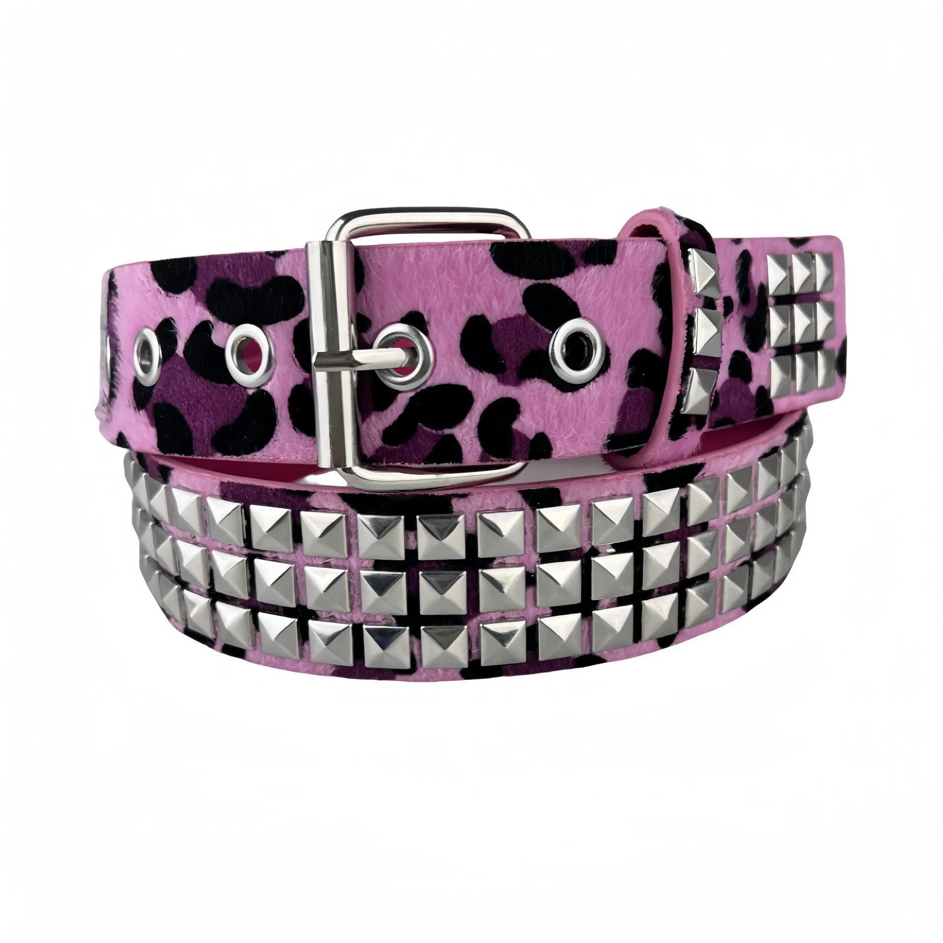 Women's brown leopard print punk belt with metal pyramid studs and an alloy buckle.