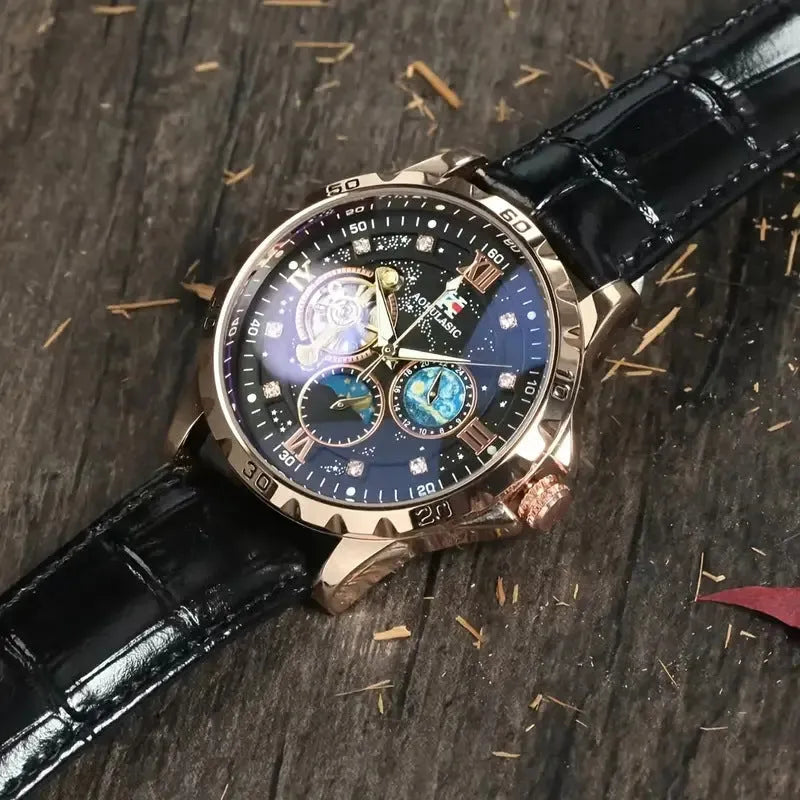 Men's black and rose gold automatic watch with hollow skeleton dial on a leather strap.