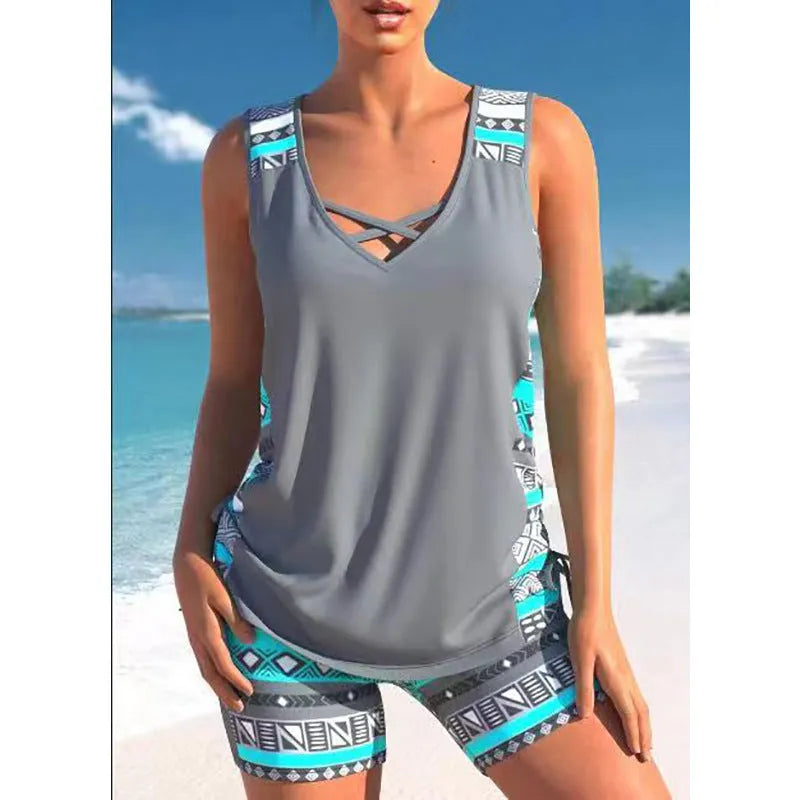 Women's printed lace two-piece swimsuit in blue, green, and navy blue colour options