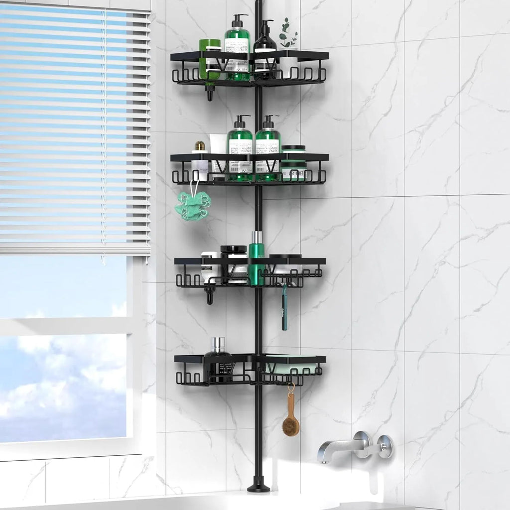 Retractable bathroom storage rack with four tiers and hole-free installation