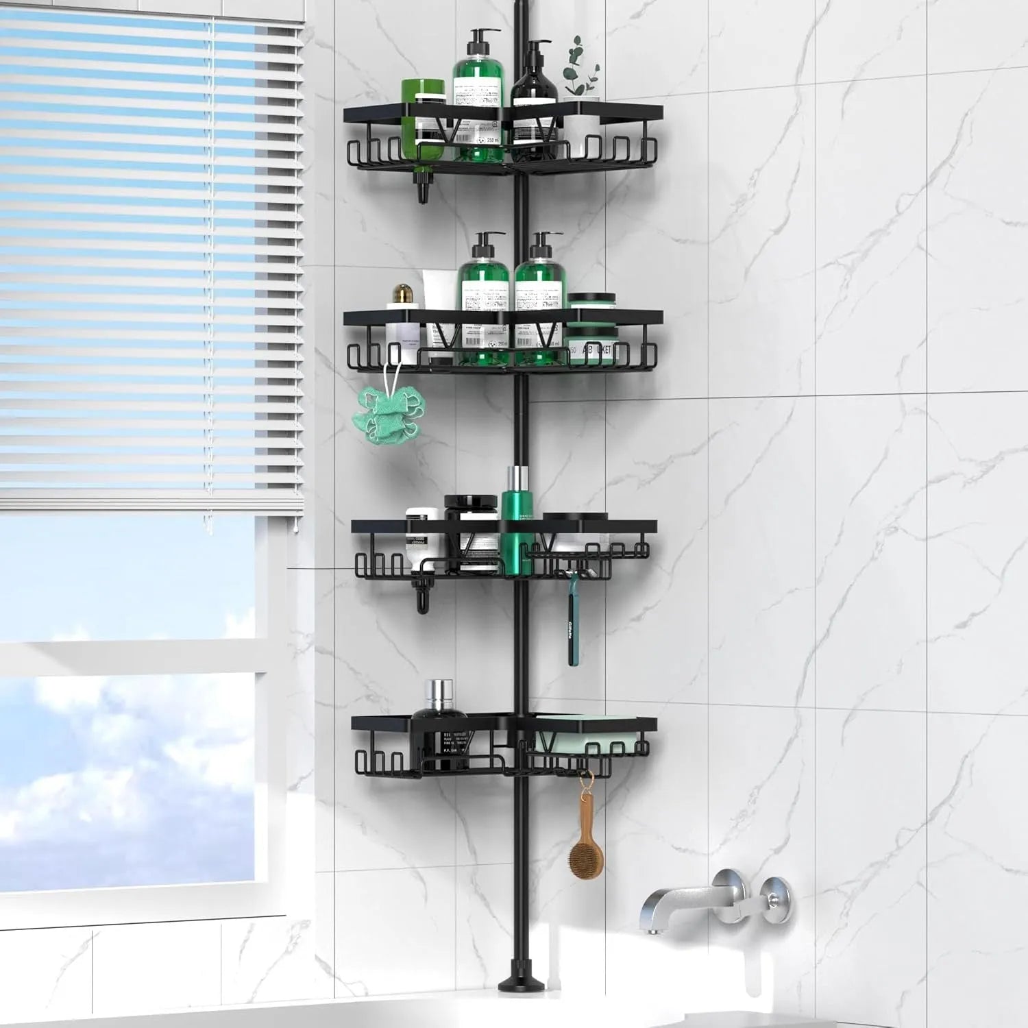 Retractable bathroom storage rack with four tiers and hole-free installation
