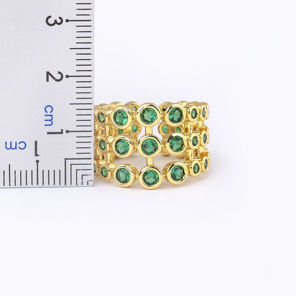 Men's wide copper ring with 18K gold plating and green zircon decoration