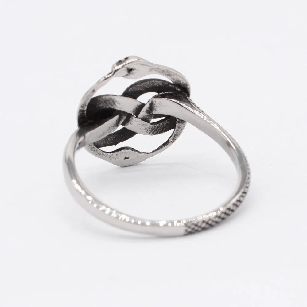 Steel-coloured titanium steel ring with an entwined double snake retro design.