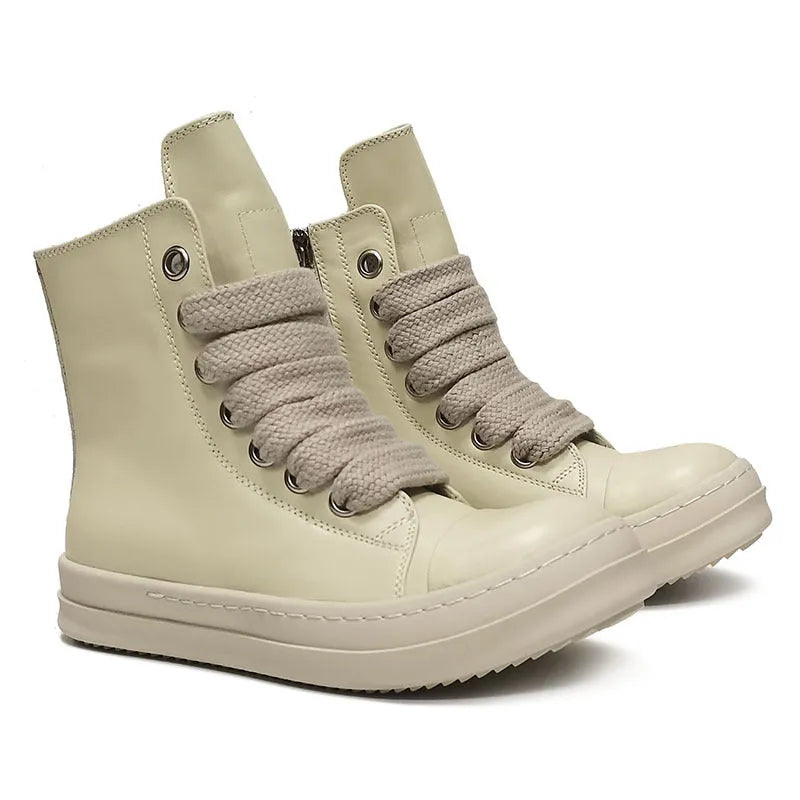 Black genuine leather high-top sneakers with side zipper and round toe on a rubber platform sole.