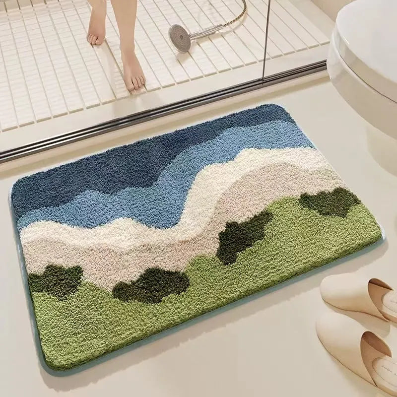 Rainbow pattern cashmere carpet floor mat with plastic bottom in Sky Sea colour