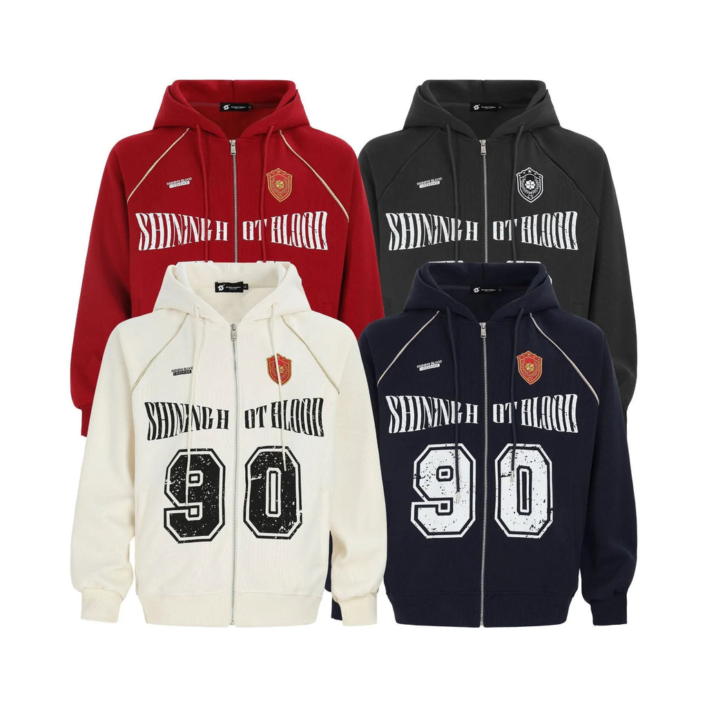 Women's loose hooded jacket with retro letter embroidery in cotton blend fabric