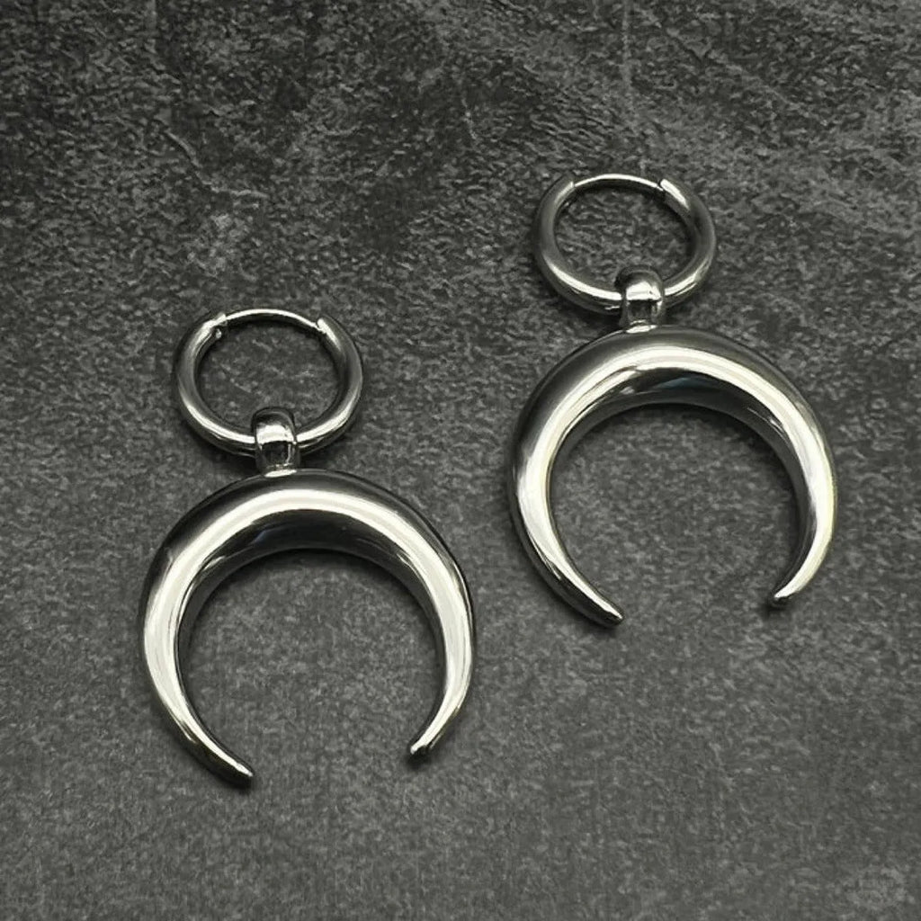 Silver alloy gothic moon big hoop earrings with geometric shape and ear clip design