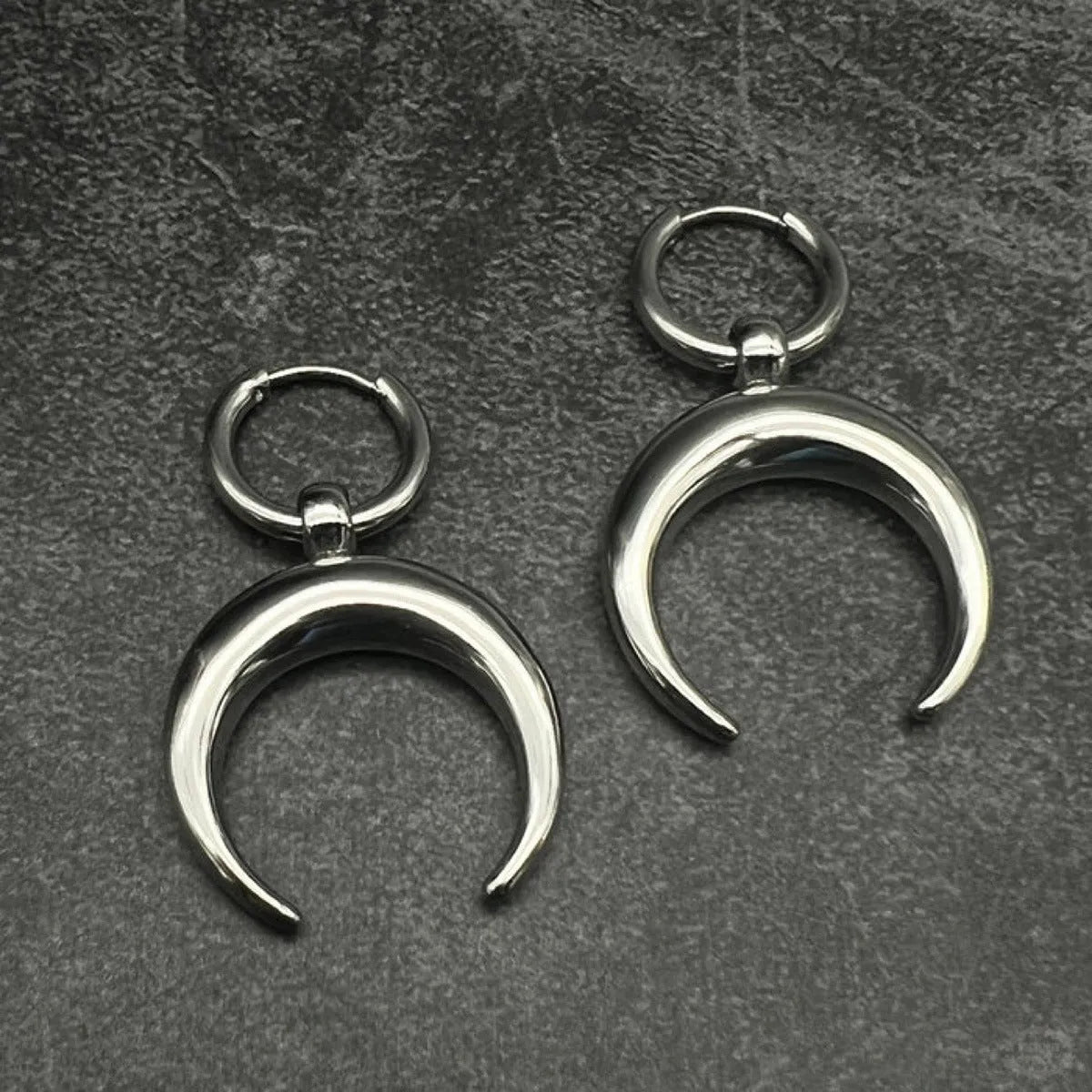 Silver alloy gothic moon big hoop earrings with geometric shape and ear clip design