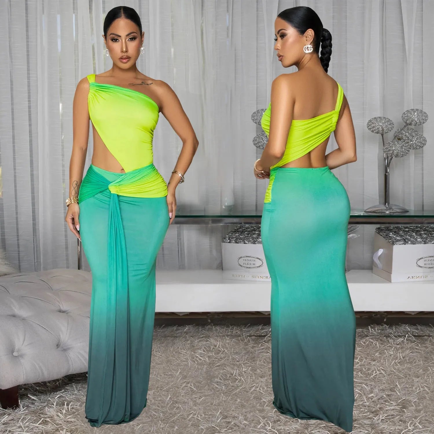 A green gradient oblique shoulder dress with a high waist and long one-step skirt.