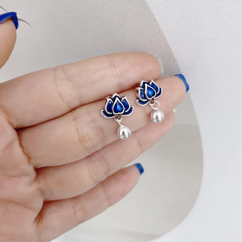 Blue lotus flower ear studs with seedpod tassels measuring 1.2cm wide
