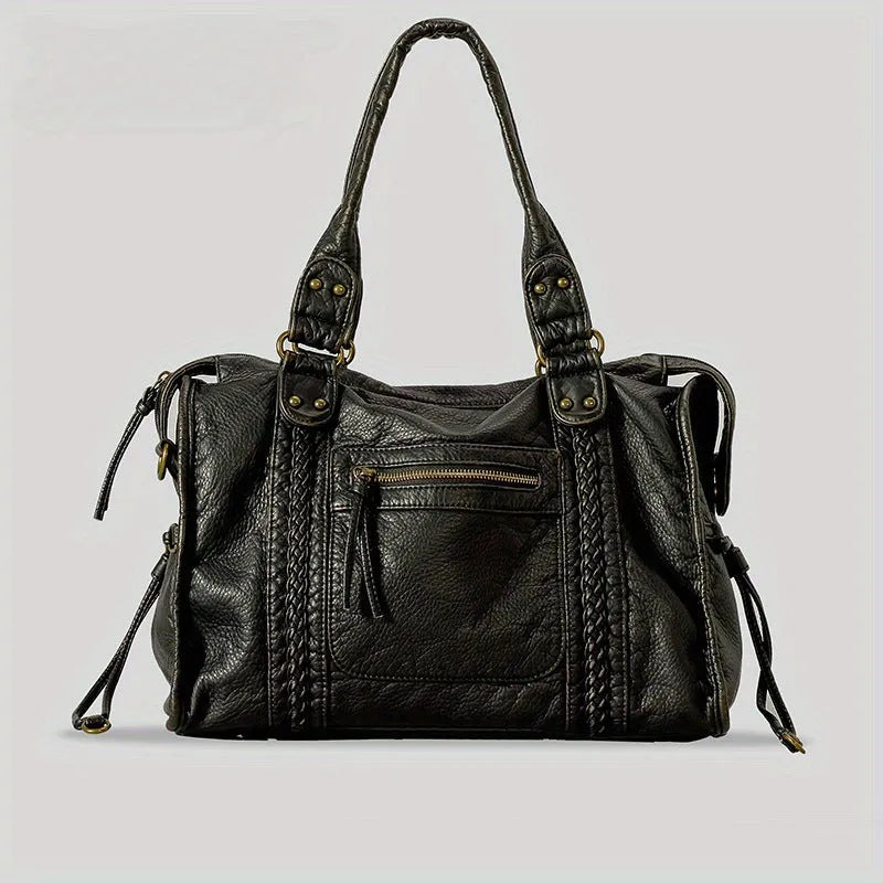 Brown retro women's messenger bag with woven PU leather and single shoulder strap